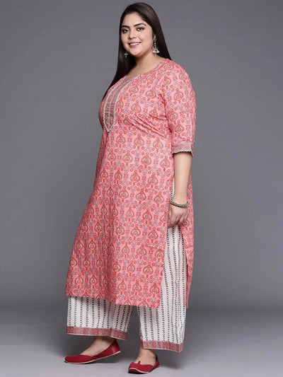 Plus Size Peach Printed Cotton Suit Set - Libas