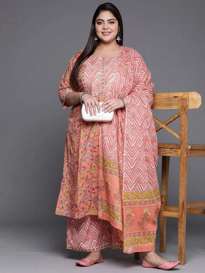 Plus Size Peach Printed Cotton Suit Set - Libas