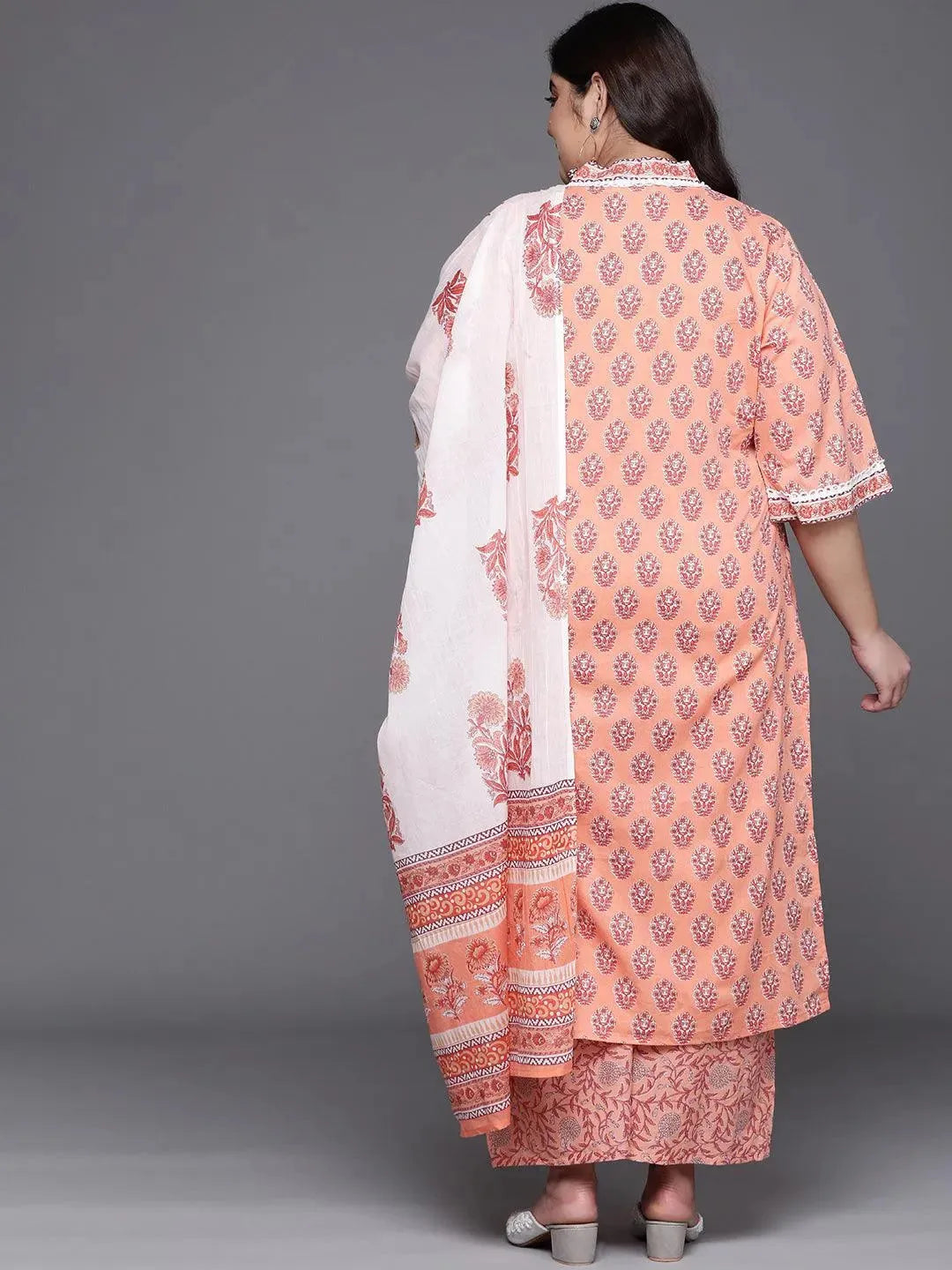 Plus Size Peach Printed Cotton Suit Set - Libas