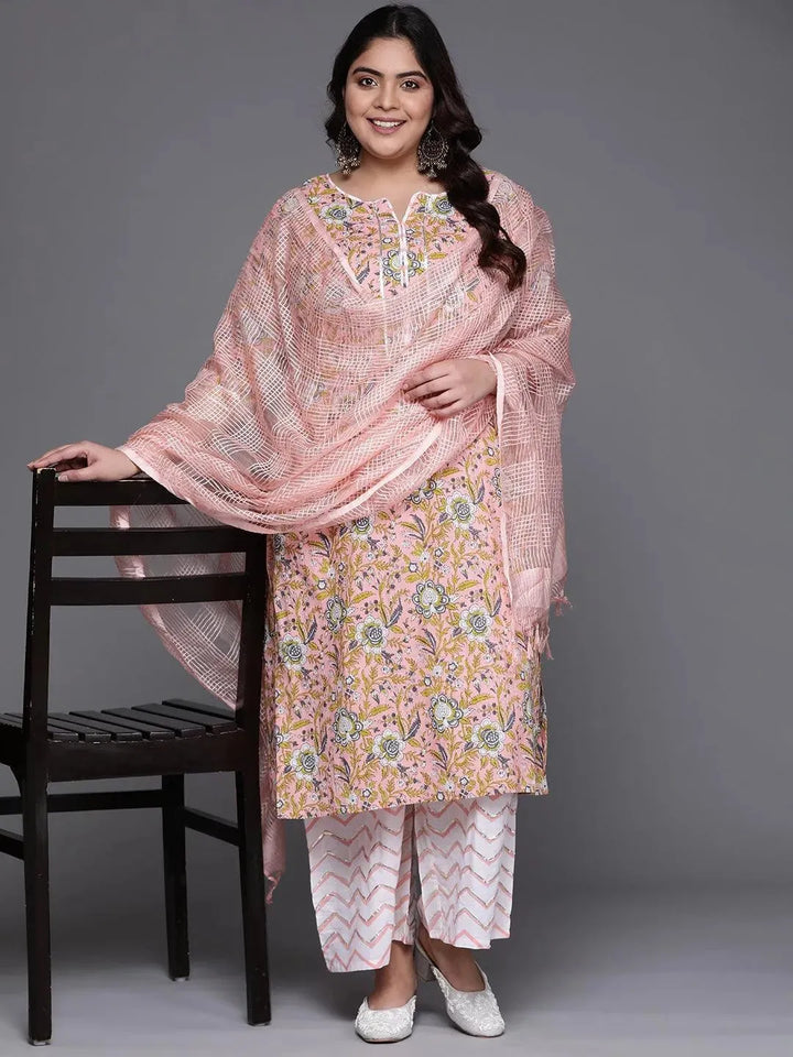 Plus Size Peach Printed Cotton Suit Set - Libas