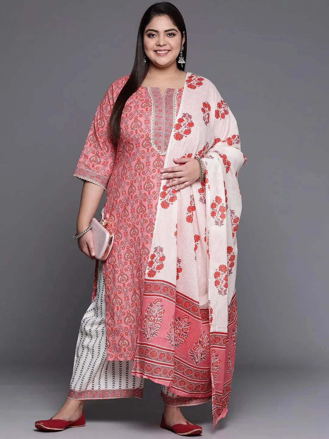 Plus Size Peach Printed Cotton Suit Set - Libas 