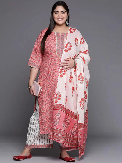 Plus Size Peach Printed Cotton Suit Set - Libas