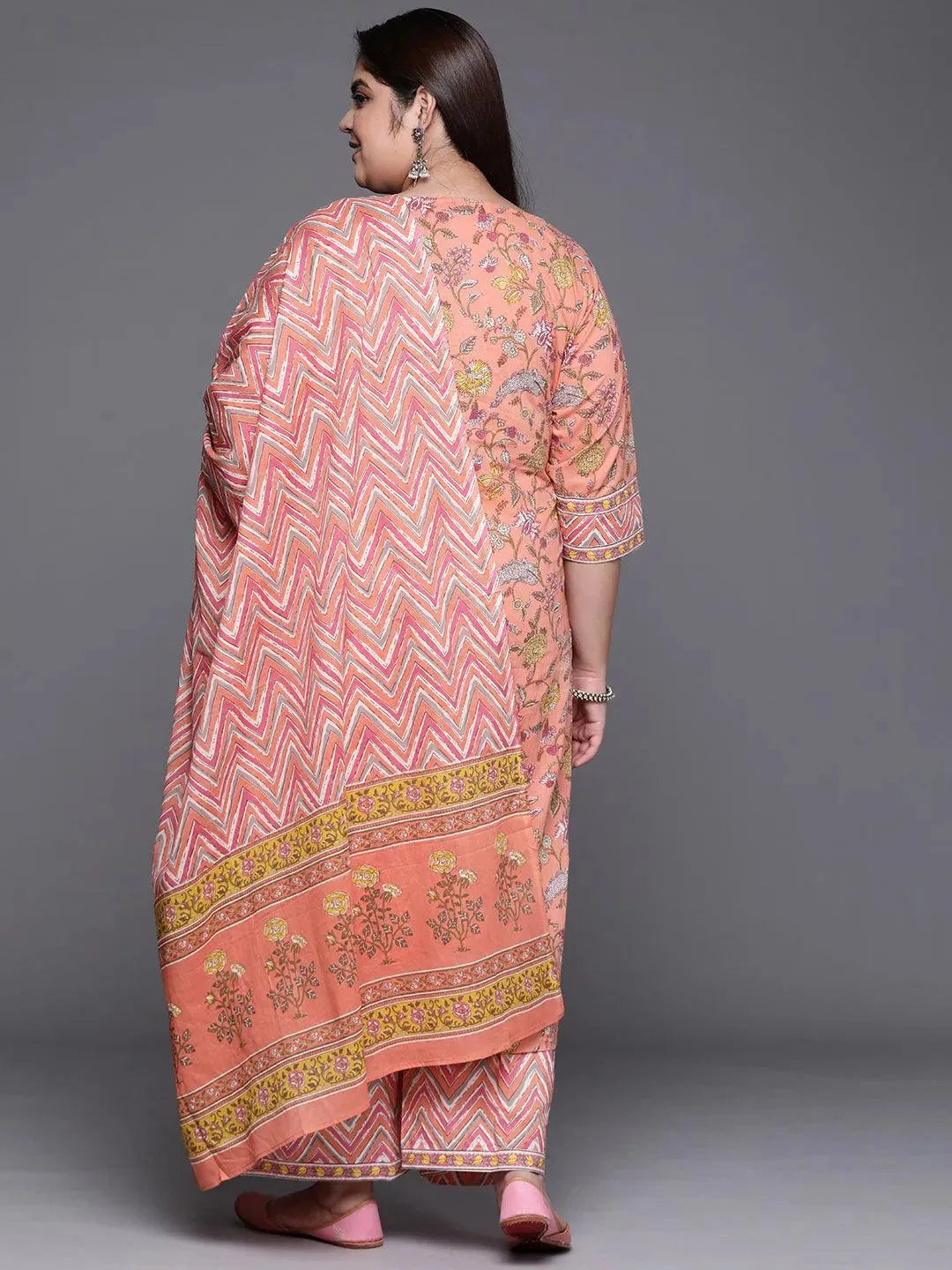 Plus Size Peach Printed Cotton Suit Set - Libas