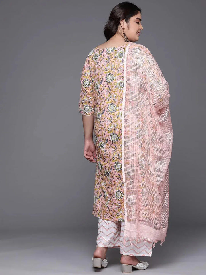 Plus Size Peach Printed Cotton Suit Set - Libas