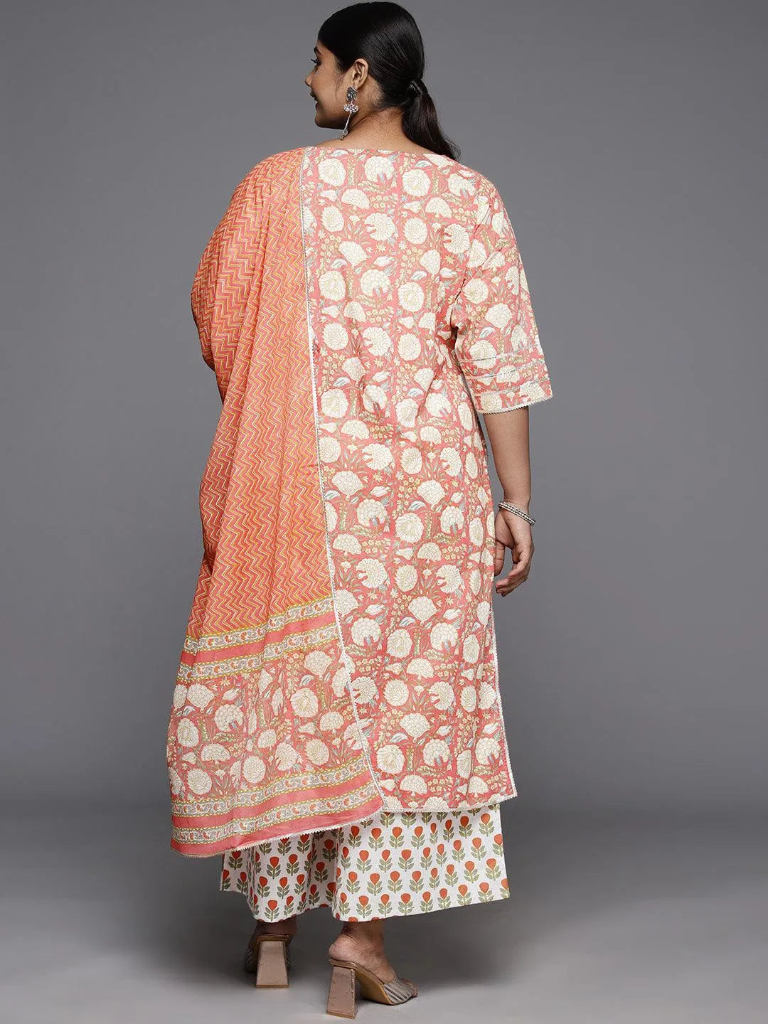 Plus Size Peach Printed Cotton Straight Kurta With Palazzos & Dupatta - Libas 