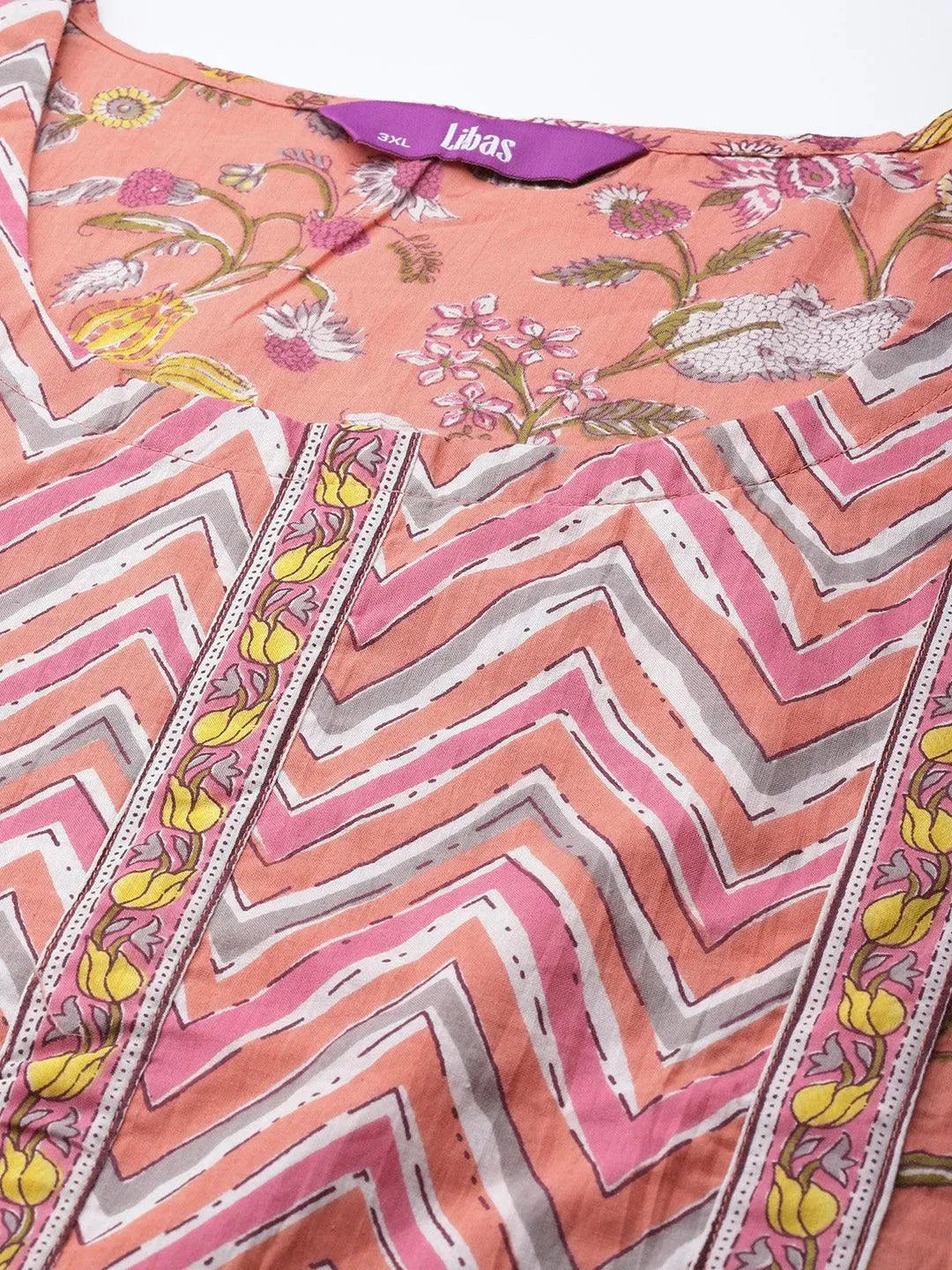 Plus Size Peach Printed Cotton Suit Set - Libas 