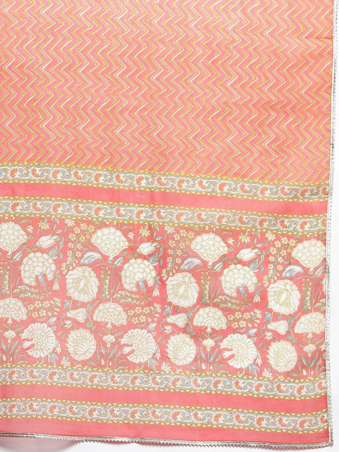 Plus Size Peach Printed Cotton Straight Kurta With Palazzos & Dupatta - Libas 