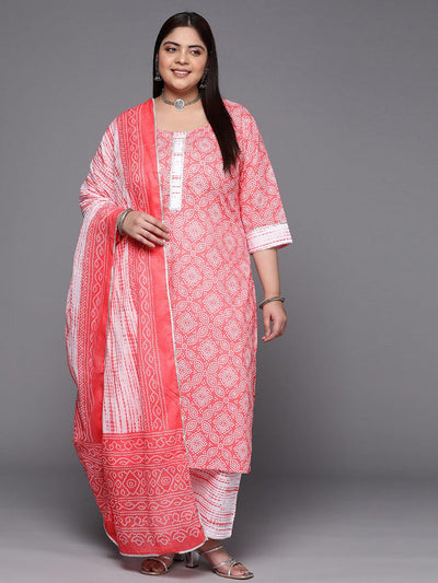 Plus Size Peach Printed Cotton Suit Set With Trousers - Libas