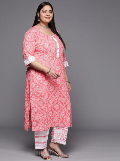 Plus Size Peach Printed Cotton Suit Set With Trousers - Libas
