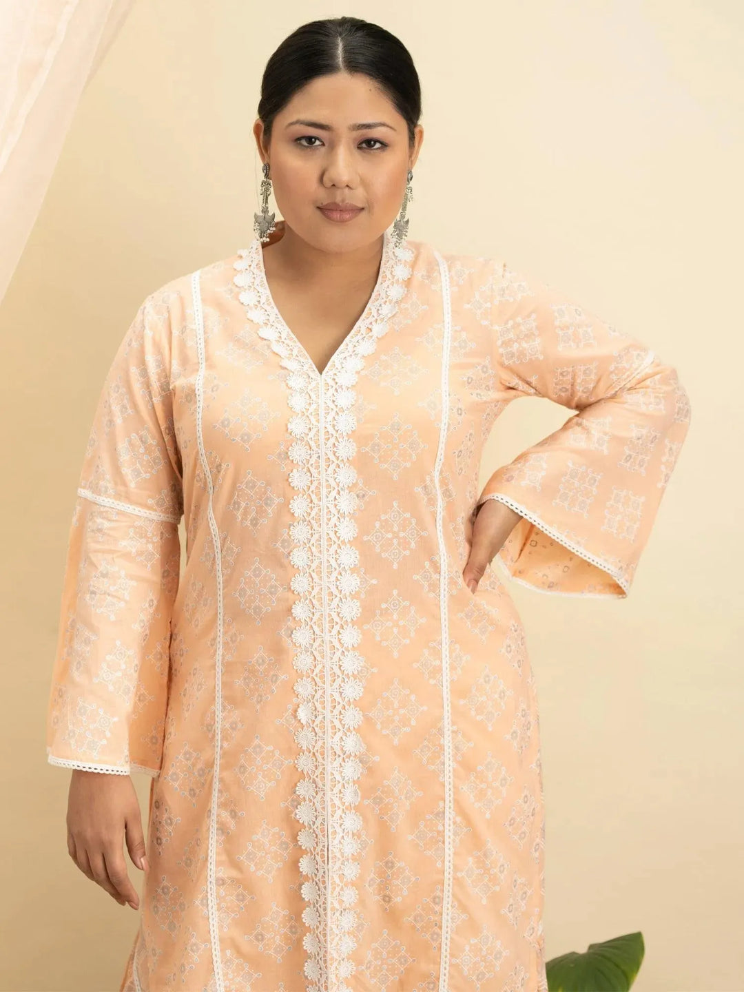 Plus Size Peach Printed Cotton Kurta Set - Libas