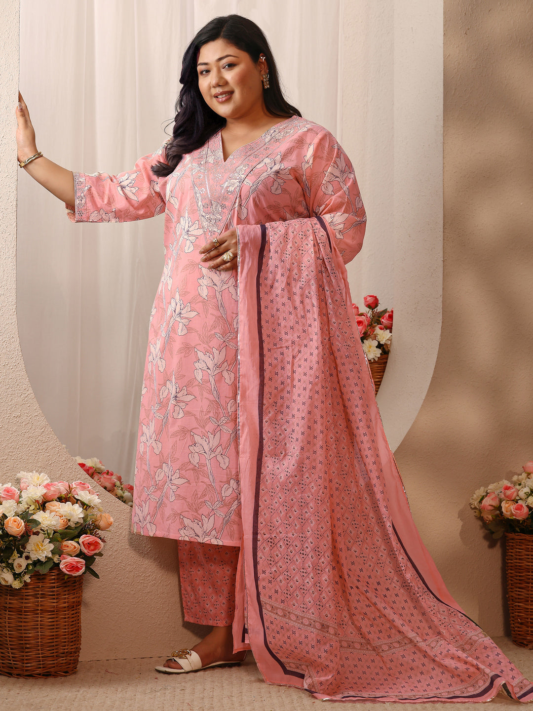 Plus Size Peach Printed Cotton Suit Set With Dupatta
