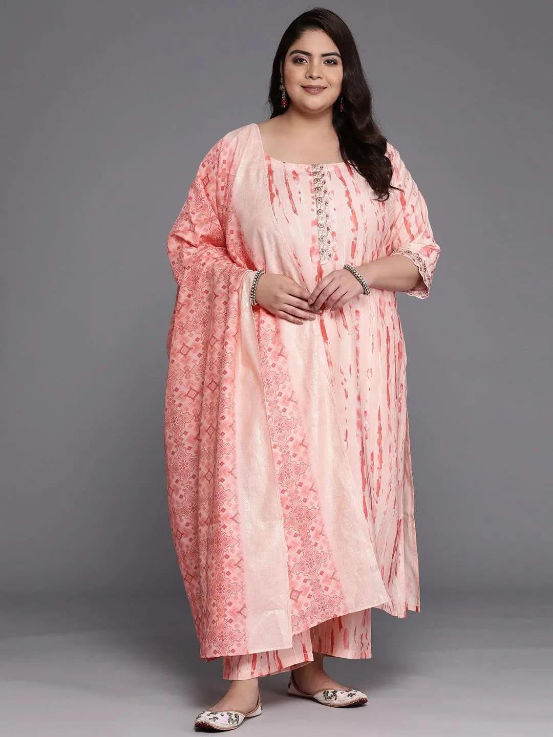 Plus Size Peach Printed Silk Blend Straight Suit Set - Libas 