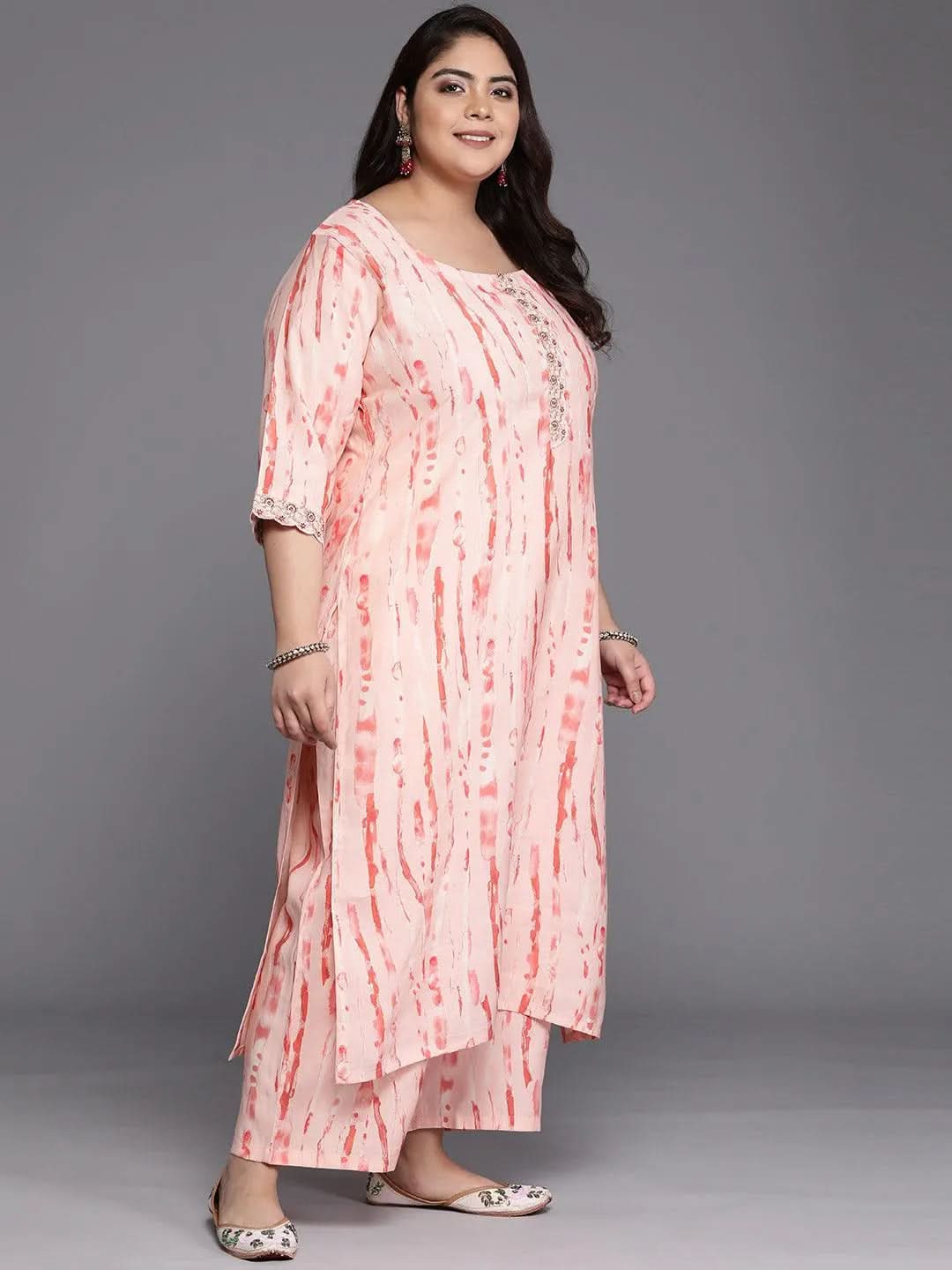 Plus Size Peach Printed Silk Blend Straight Suit Set - Libas 