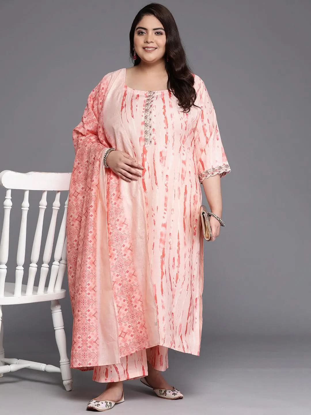 Plus Size Peach Printed Silk Blend Straight Suit Set - Libas 