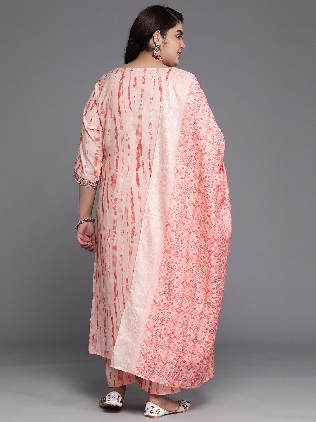 Plus Size Peach Printed Silk Blend Straight Suit Set - Libas