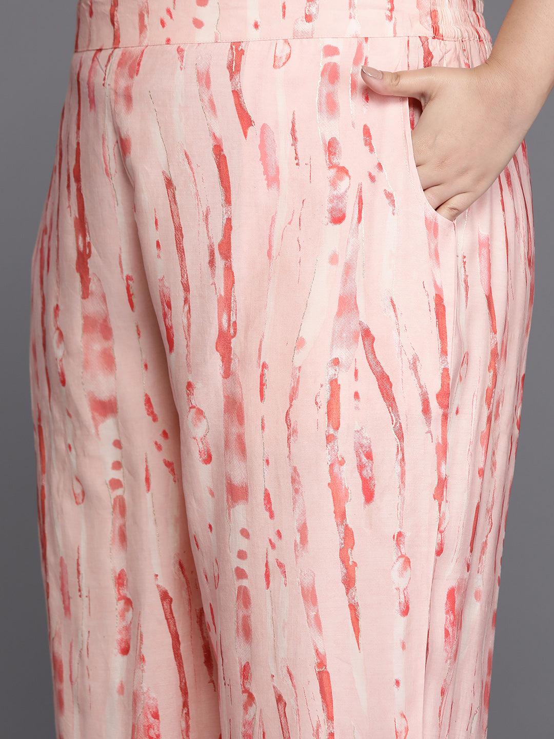 Plus Size Peach Printed Silk Blend Straight Suit Set - Libas