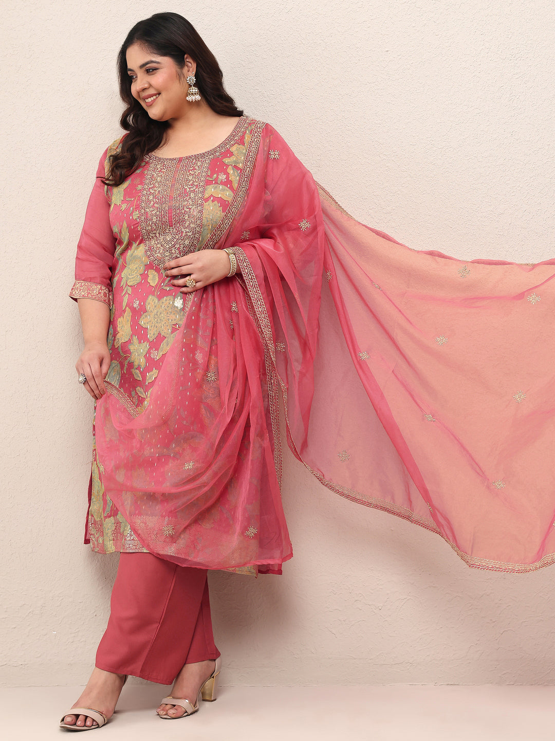 Plus Size Peach Printed Silk Blend Straight Suit Set With Dupatta