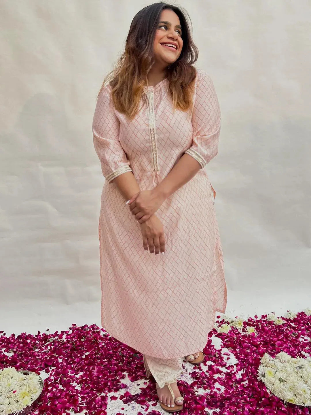 Plus Size Peach Printed Silk Straight Kurta - Libas 