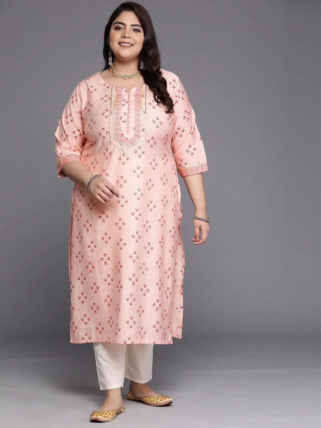 Plus Size Peach Printed Silk Straight Kurta - Libas 