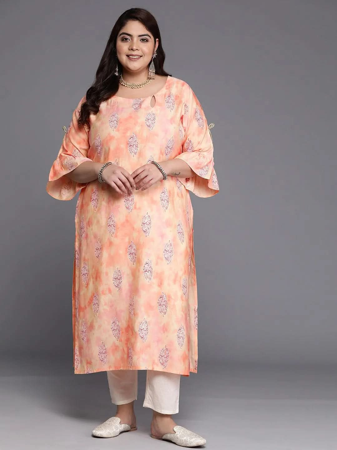 Plus Size Peach Printed Silk Straight Kurta - Libas