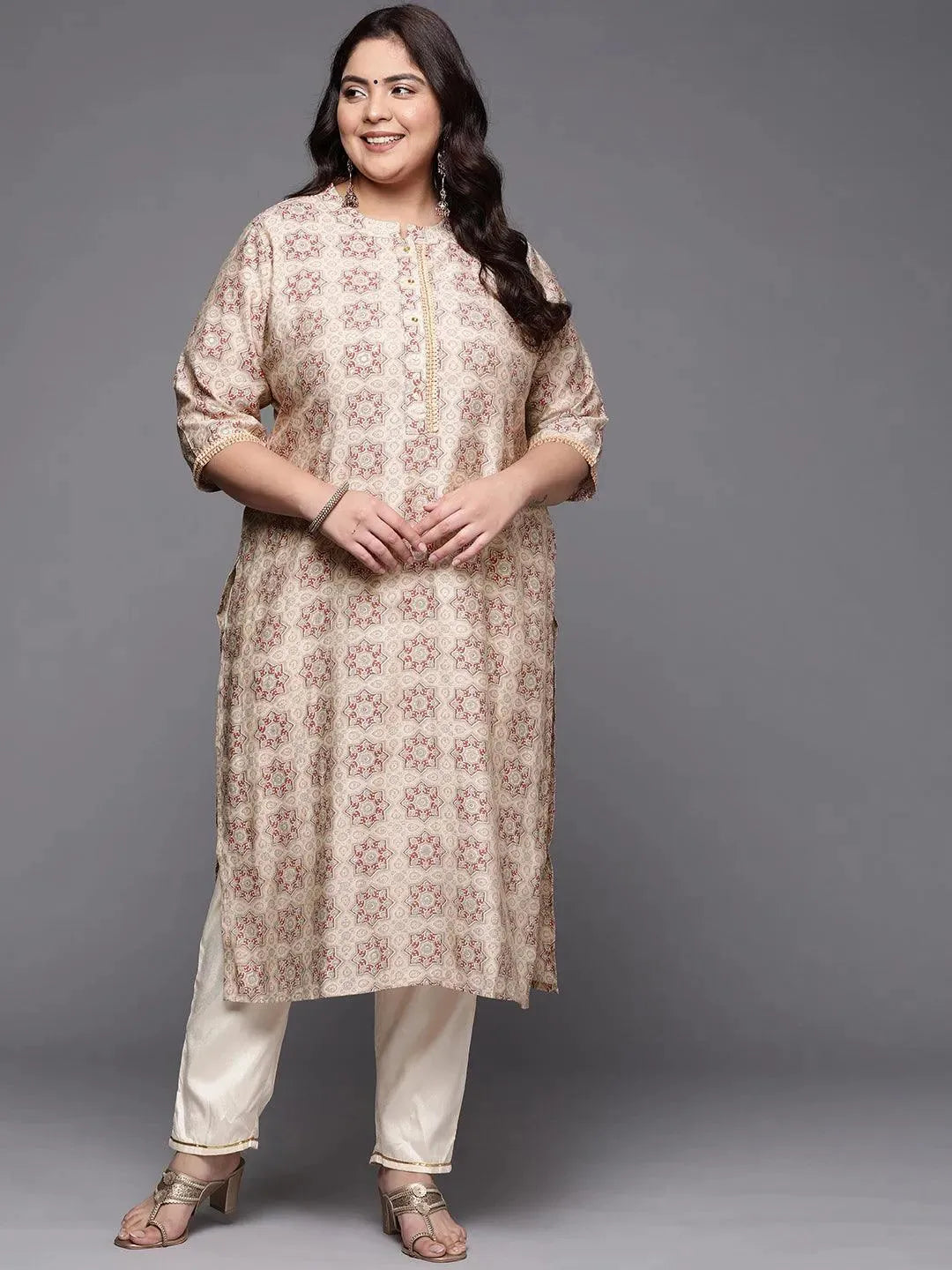 Plus Size Peach Printed Silk Straight Kurta - Libas 