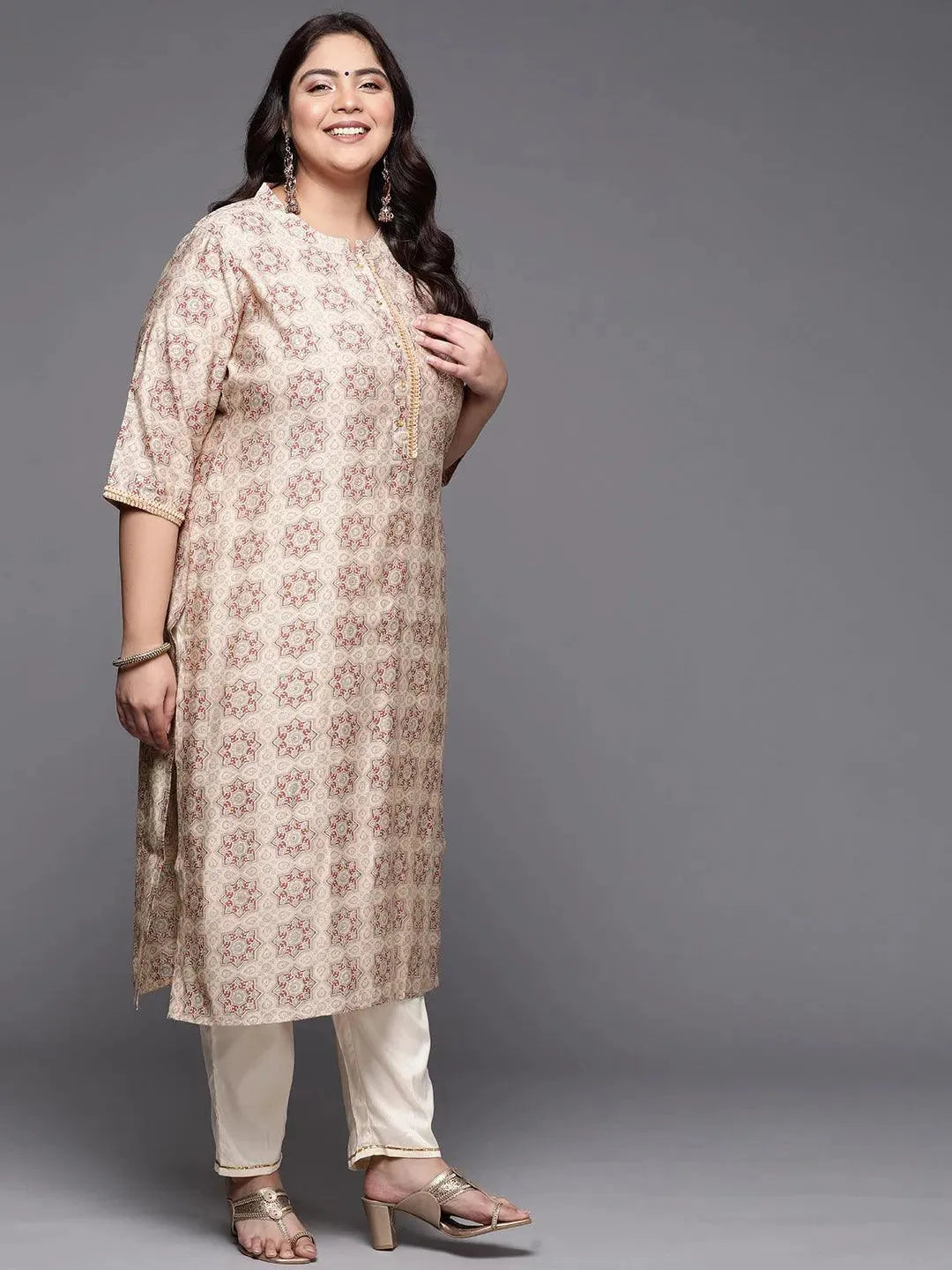 Plus Size Peach Printed Silk Straight Kurta - Libas 