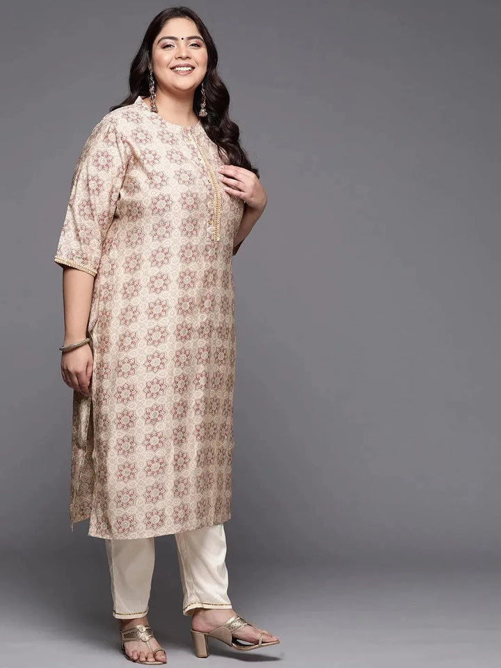 Plus Size Peach Printed Silk Straight Kurta - Libas