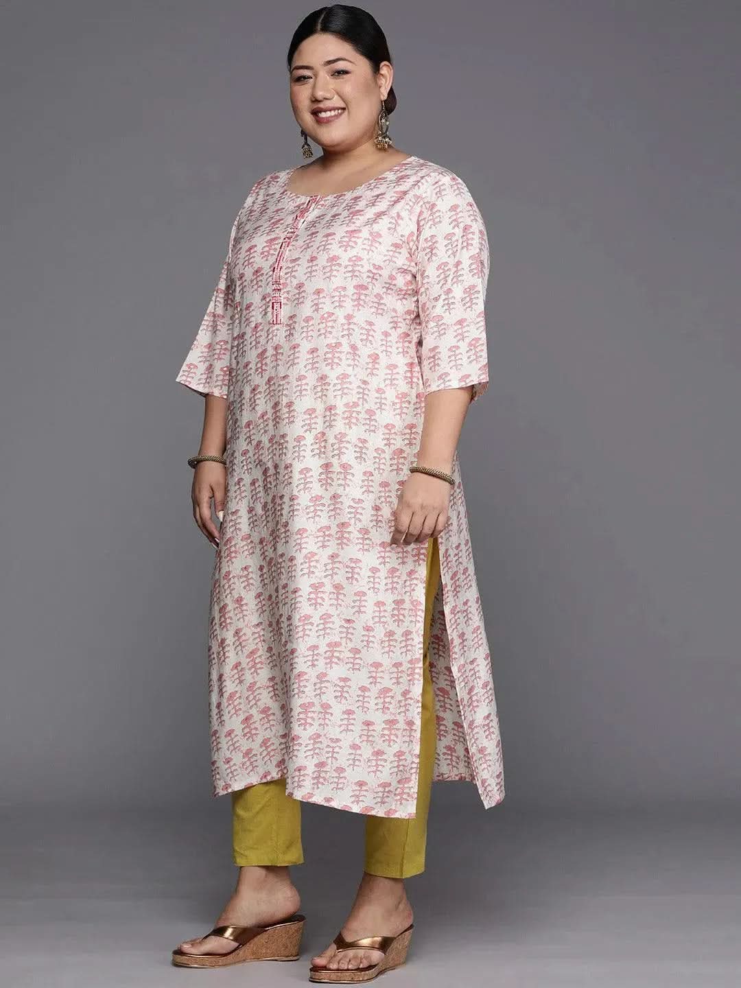 Plus Size Peach Printed Silk Straight Kurta - Libas 
