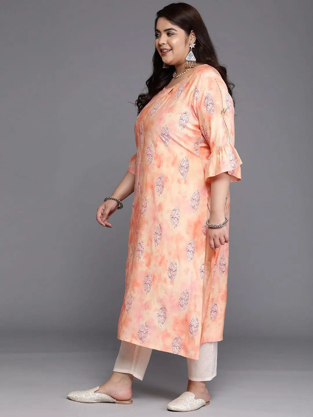Plus Size Peach Printed Silk Straight Kurta - Libas 