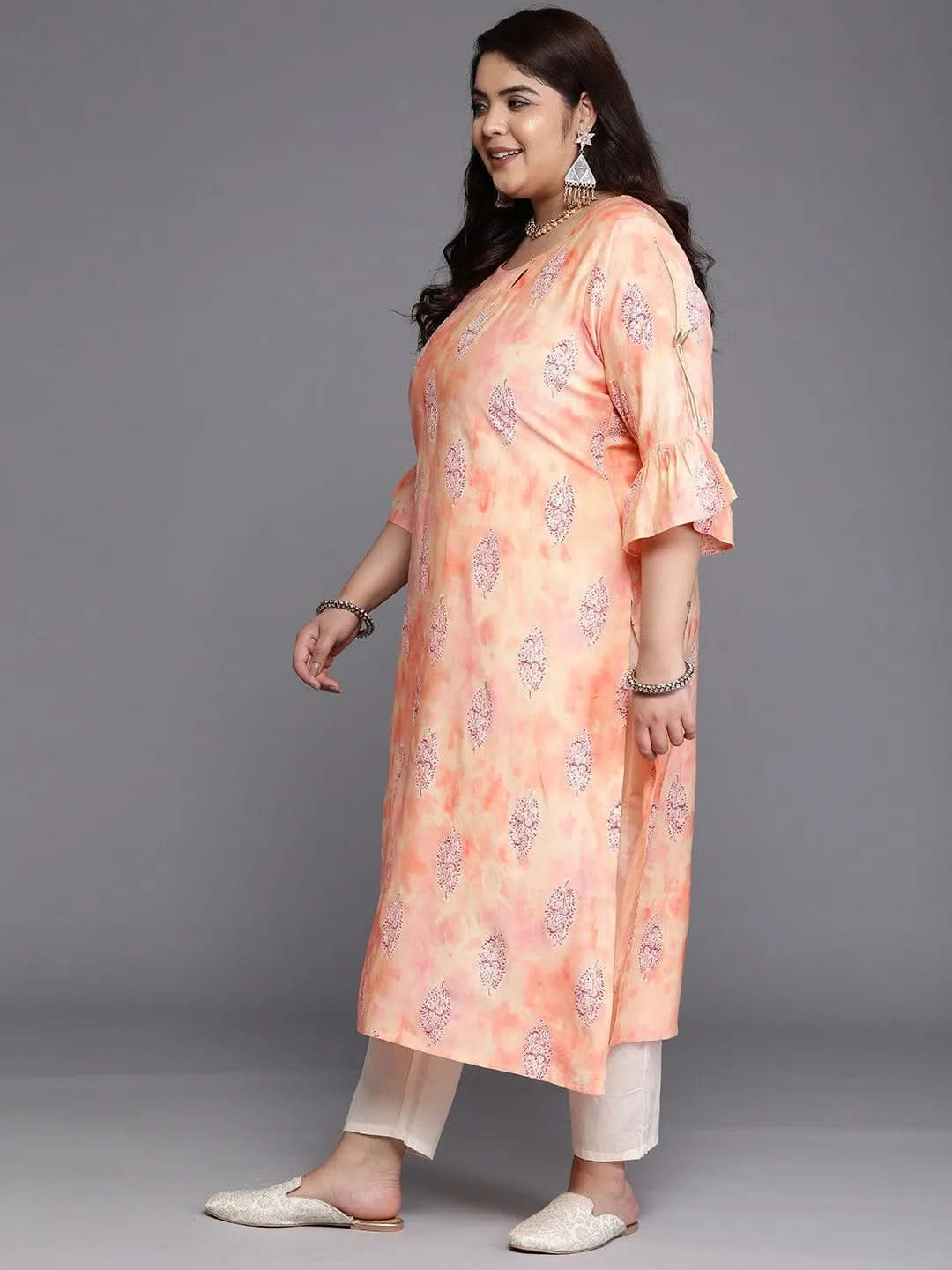 Plus Size Peach Printed Silk Straight Kurta - Libas