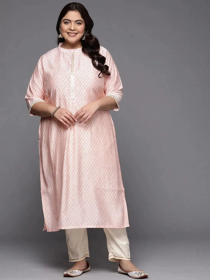 Plus Size Peach Printed Silk Straight Kurta - Libas