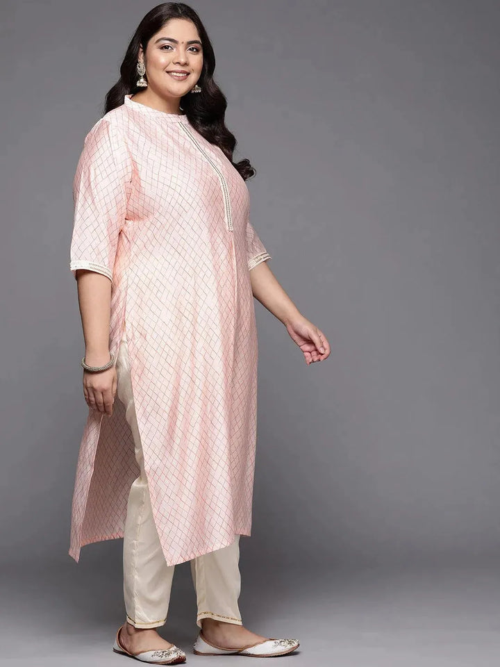 Plus Size Peach Printed Silk Straight Kurta - Libas
