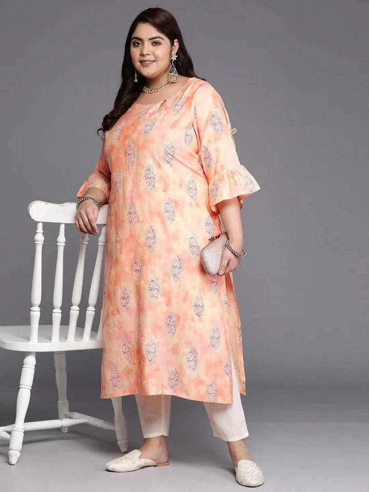 Plus Size Peach Printed Silk Straight Kurta - Libas