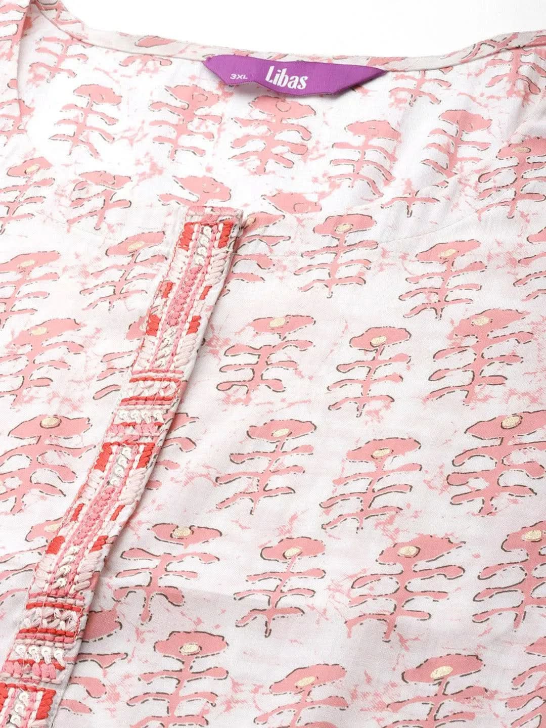 Plus Size Peach Printed Silk Straight Kurta - Libas 