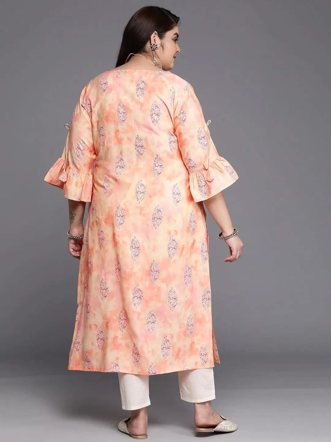 Plus Size Peach Printed Silk Straight Kurta - Libas