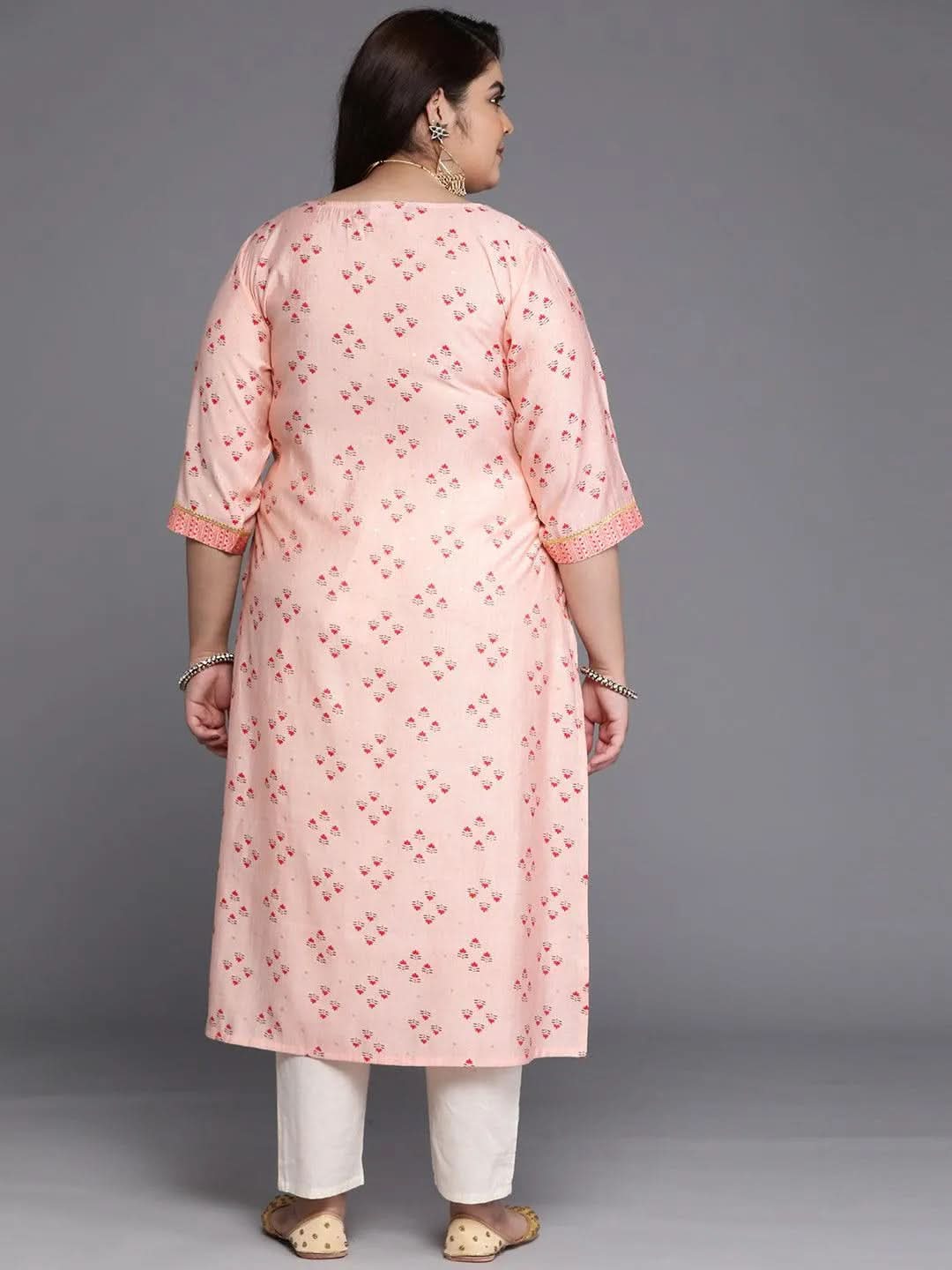 Plus Size Peach Printed Silk Straight Kurta - Libas 