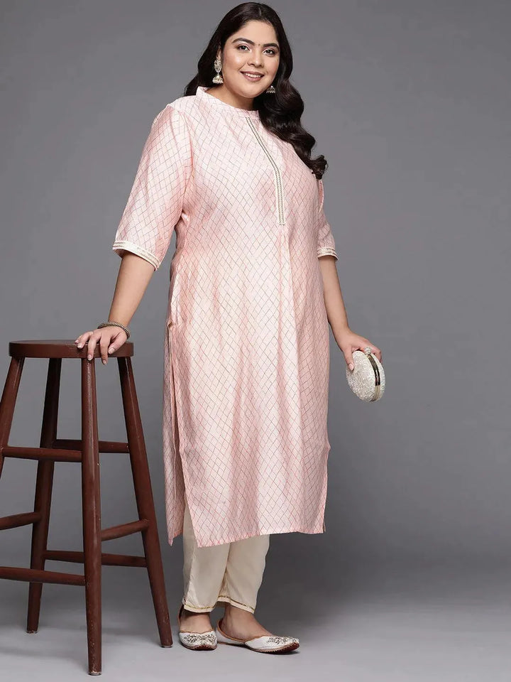 Plus Size Peach Printed Silk Straight Kurta - Libas