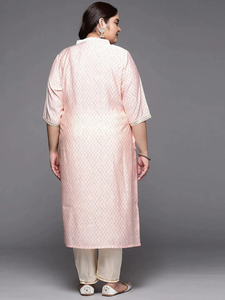 Plus Size Peach Printed Silk Straight Kurta - Libas