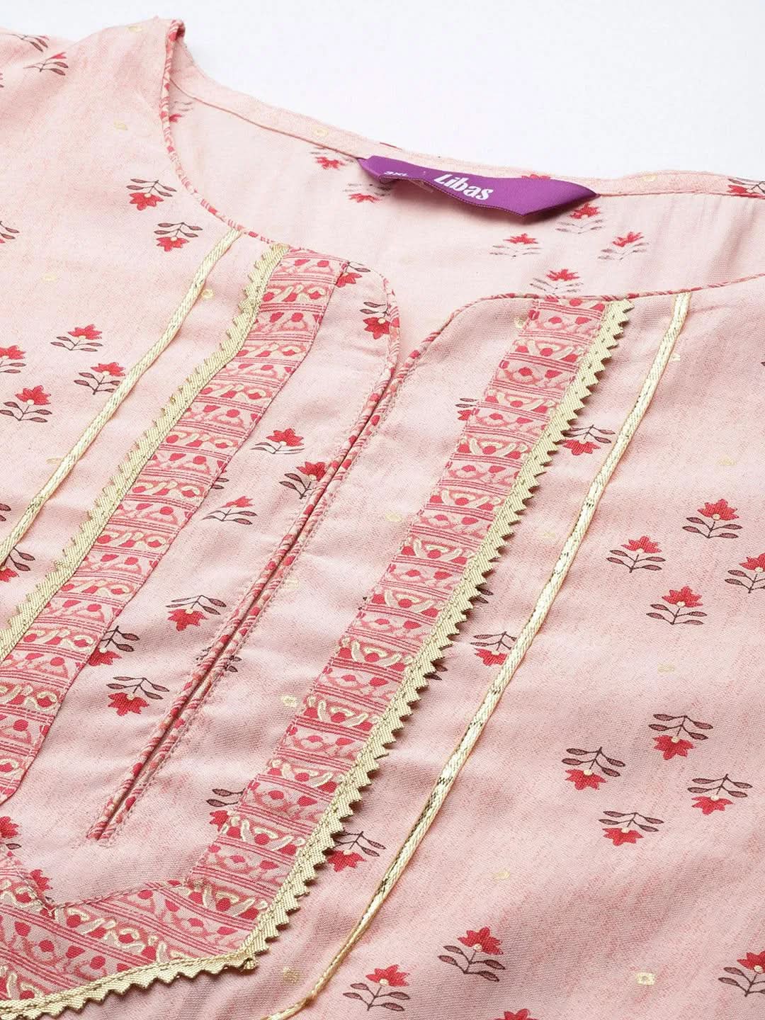 Plus Size Peach Printed Silk Straight Kurta - Libas 