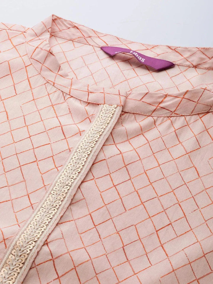 Plus Size Peach Printed Silk Straight Kurta - Libas