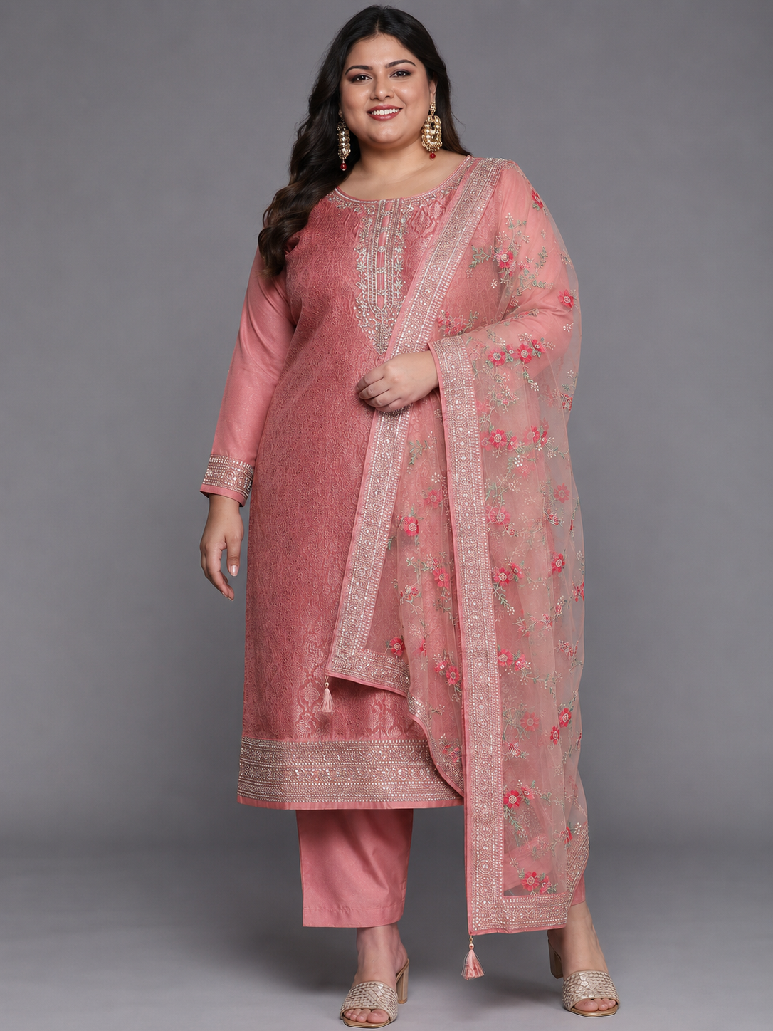 libas Plus Size Peach Self Design Silk Blend Straight Suit Set-picture-44