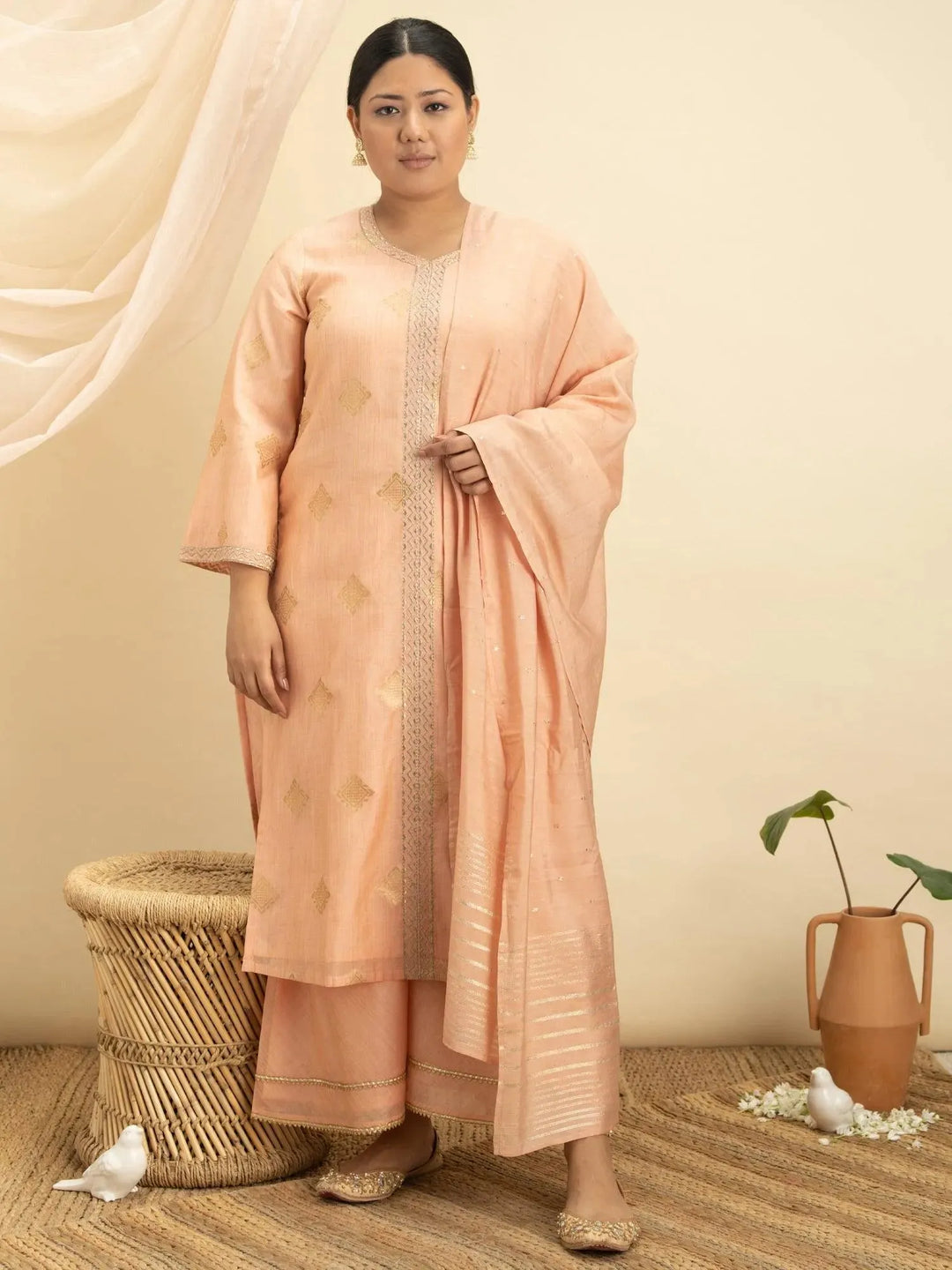 Plus Size Peach Self Design Silk Suit Set - Libas