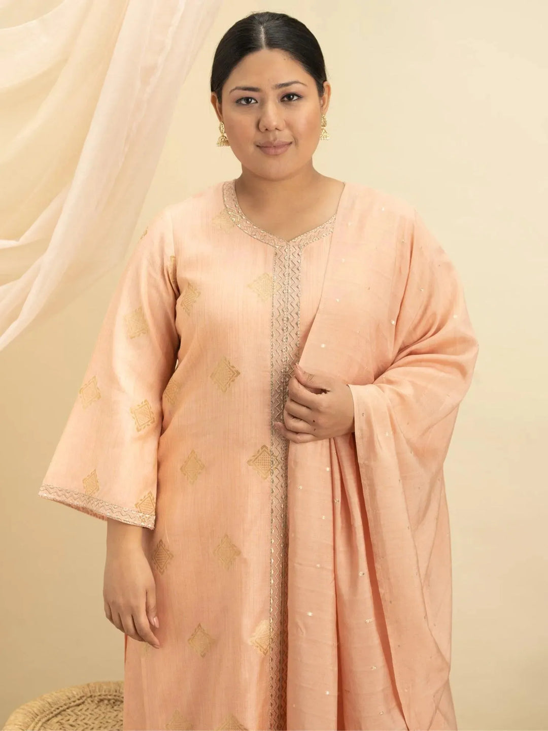 Plus Size Peach Self Design Silk Suit Set - Libas