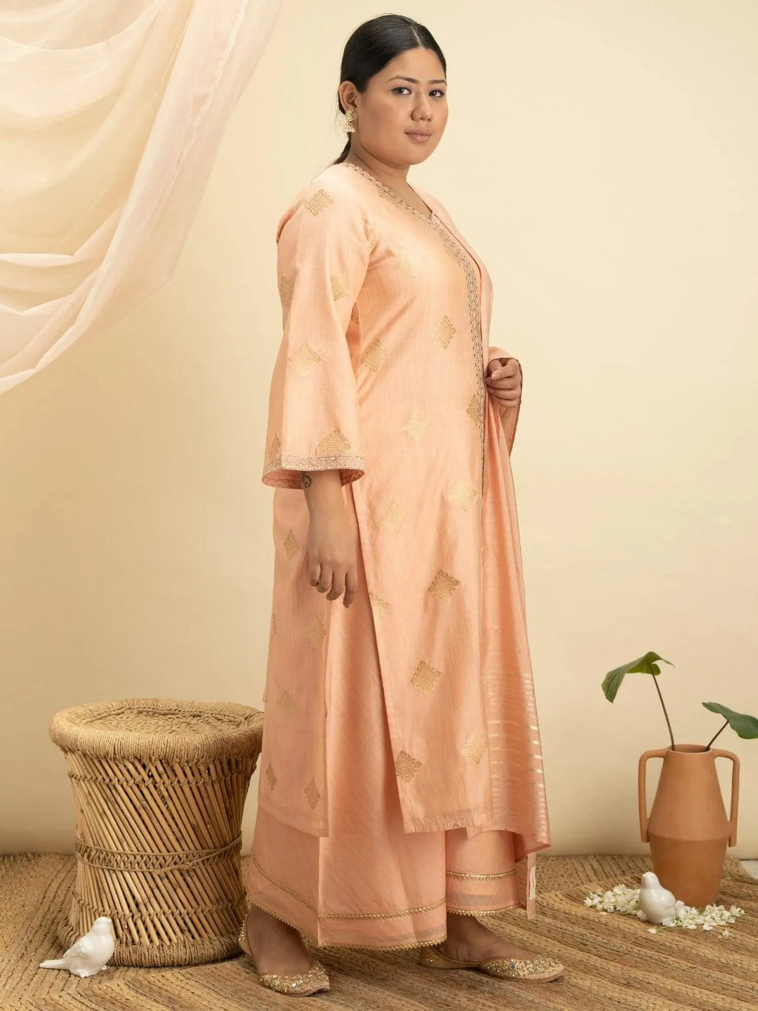 Plus Size Peach Self Design Silk Suit Set - Libas