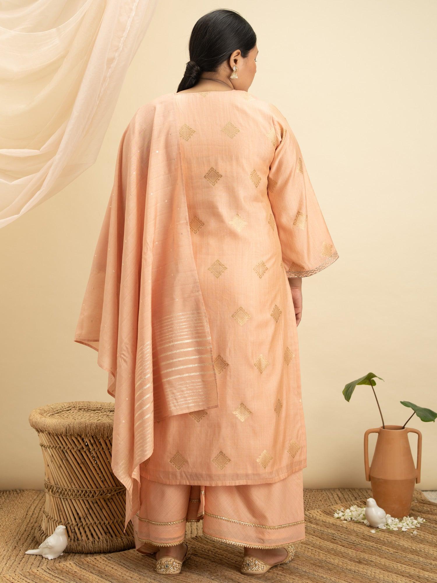 Plus Size Peach Self Design Silk Straight Kurta With Palazzos & Dupatta