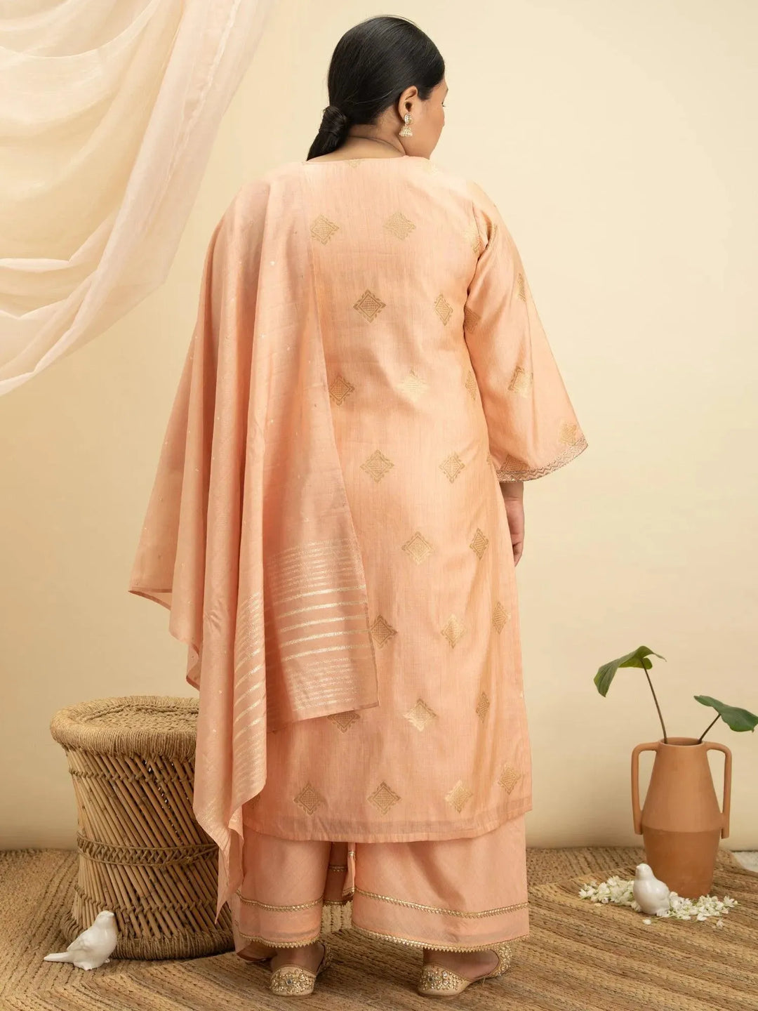 Plus Size Peach Self Design Silk Suit Set - Libas 