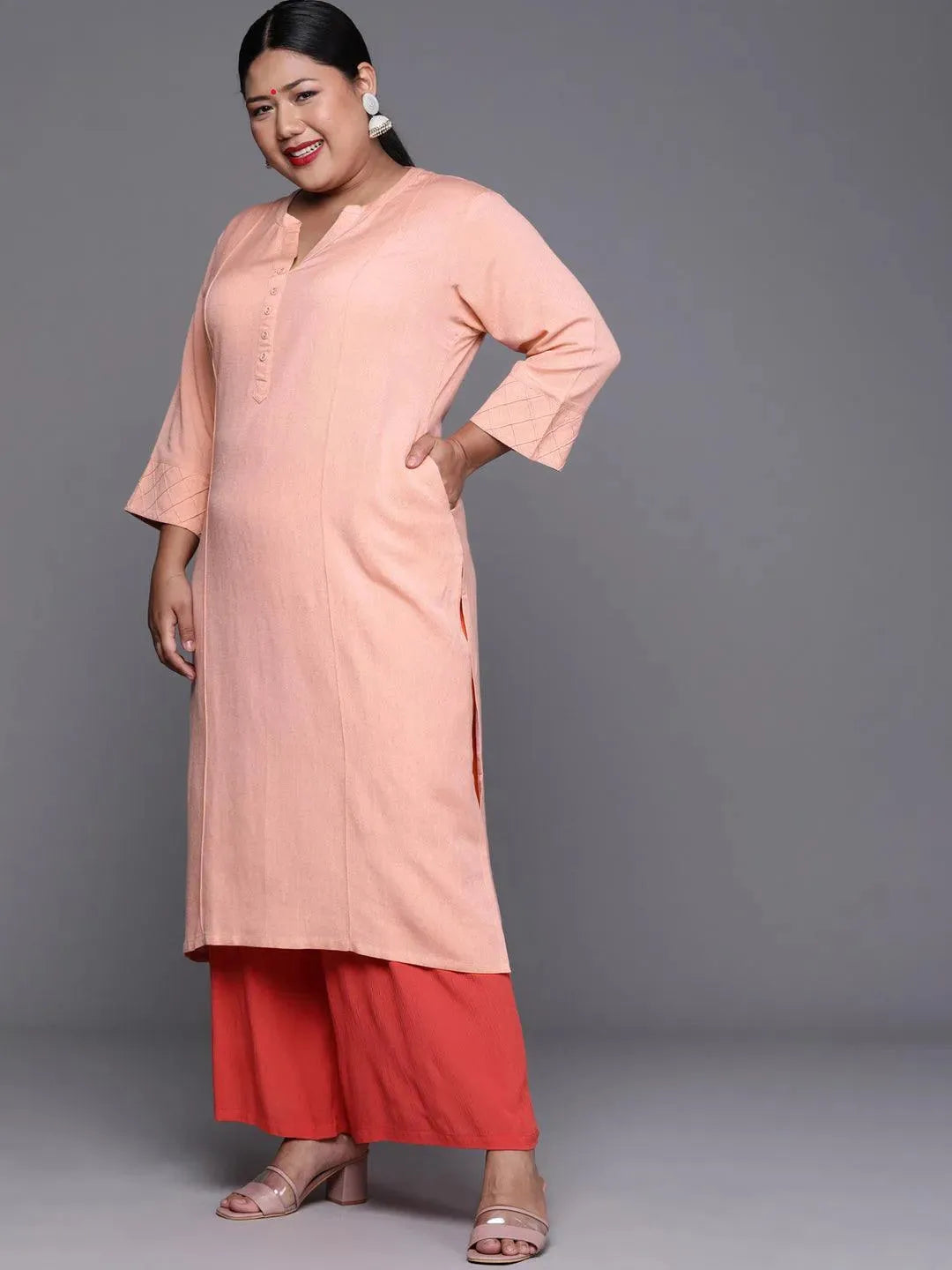 Plus Size Peach Solid Cotton Kurta - Libas 