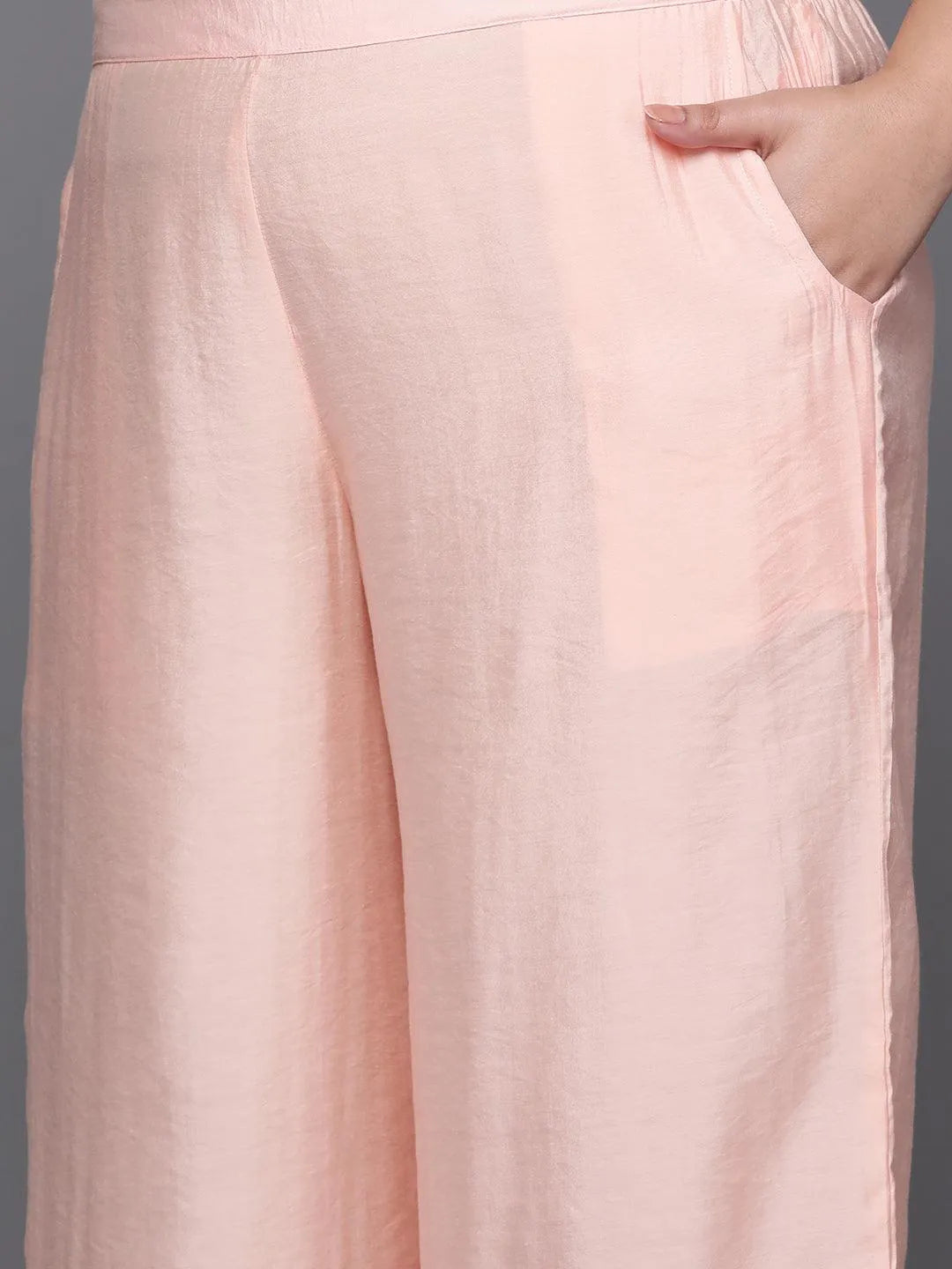 Plus Size Peach Solid Silk Blend Straight Kurta With Palazzos & Dupatta - Libas 