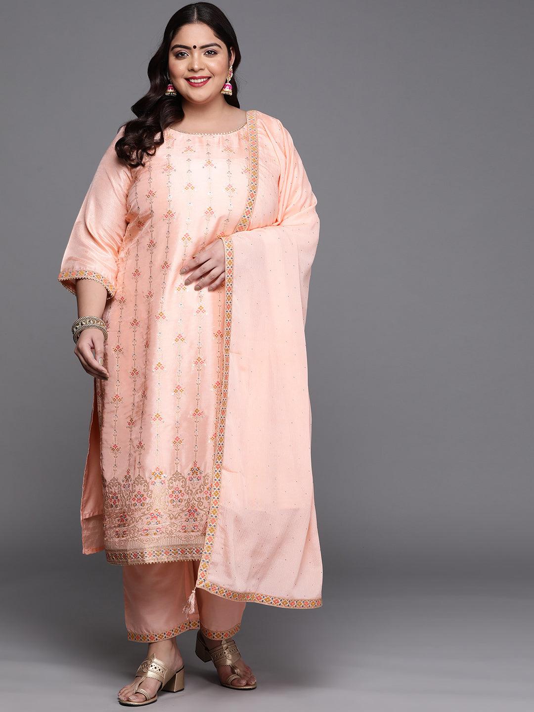 Plus Size Peach Woven Design Silk Blend Straight Kurta With Dupatta
