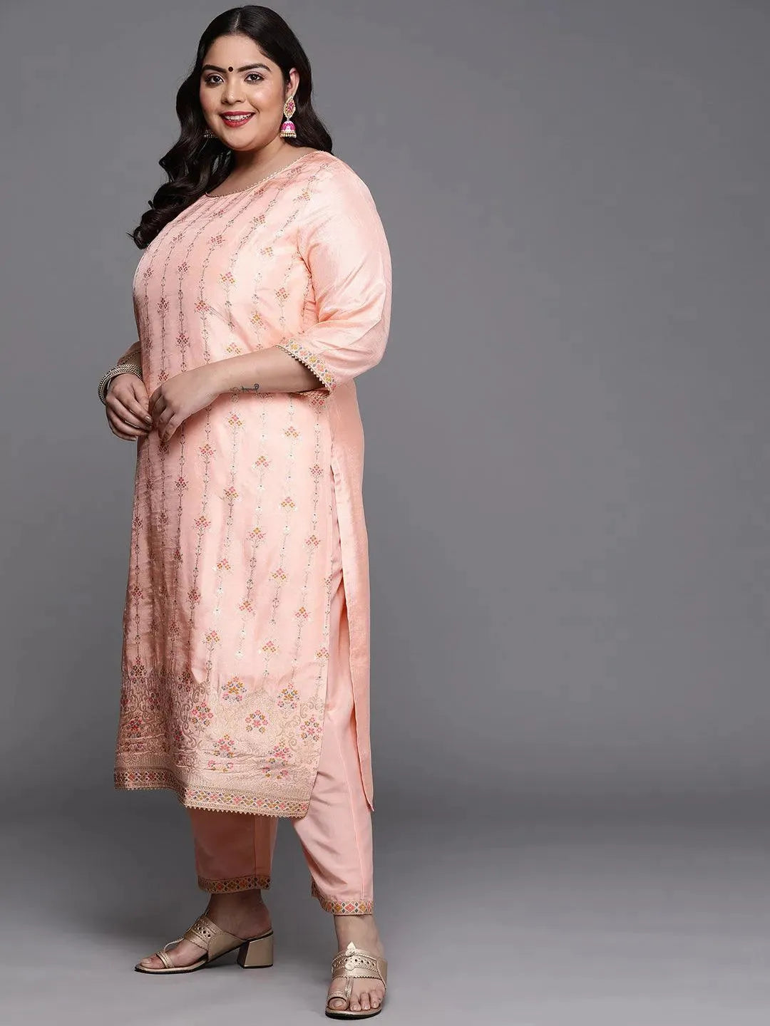 Plus Size Peach Woven Design Silk Blend Suit Set - Libas